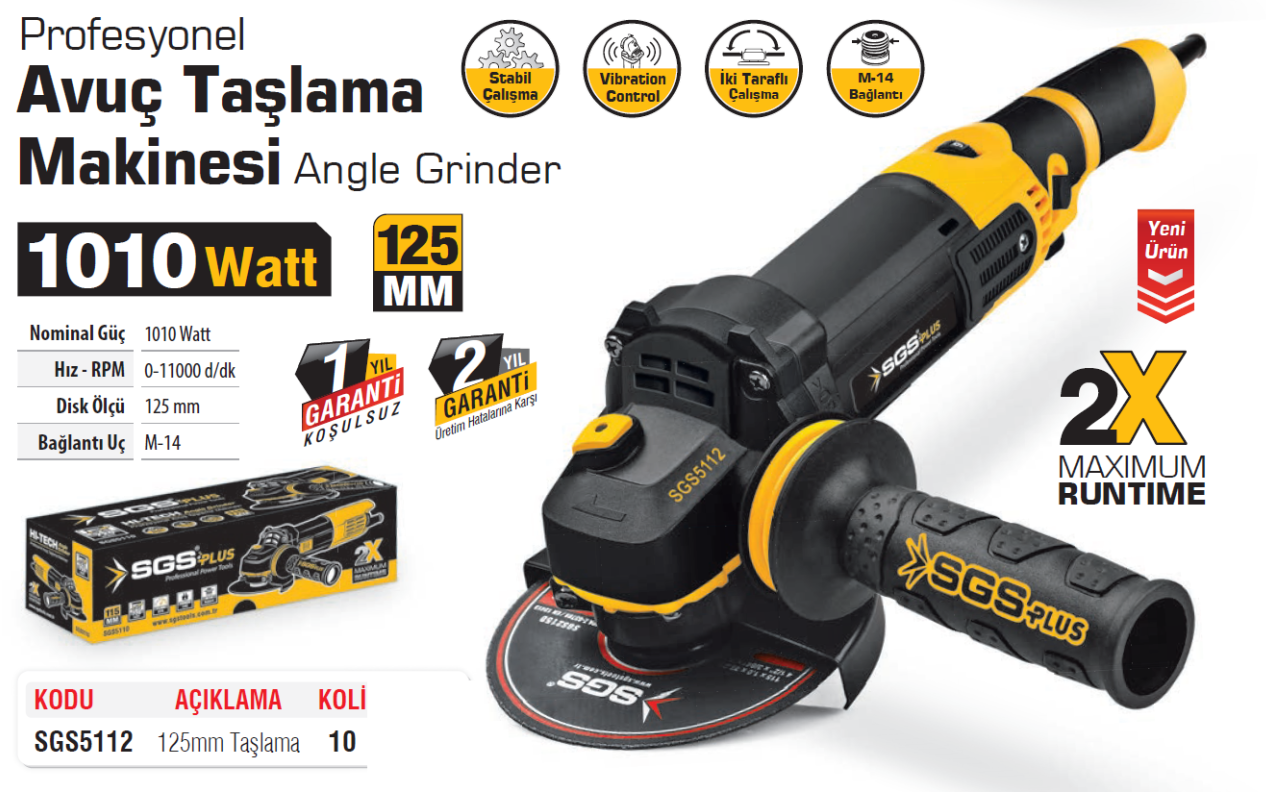 SGS5112 AVUÇ TAŞLAMA 1010 WATT (125MM) DEVİR AYARLI